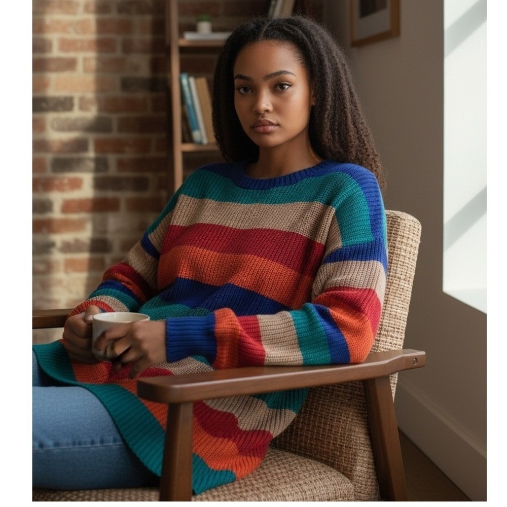 Umgee USA Womens Striped Knit Sweater Long Sleeve Multicolor Size M‎ Fun Cozy